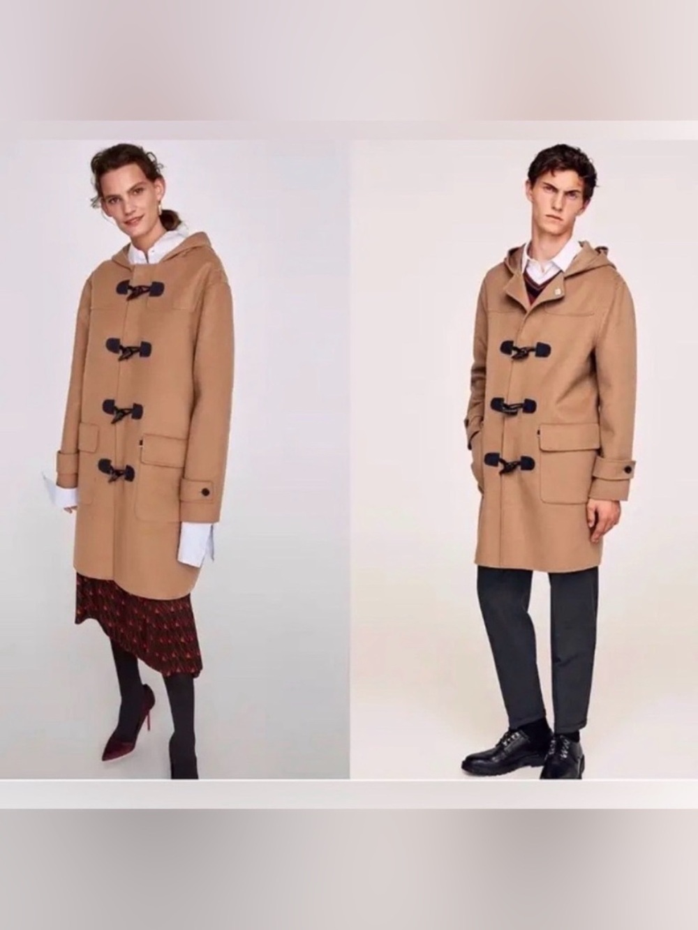 ZARA Camel Brown Wool Duffle Coat Hooded Toggle Jacket Academia Preppy